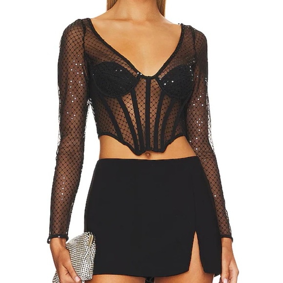 Bardot Tops - Bardot Sequin Mesh Corset Top in Black